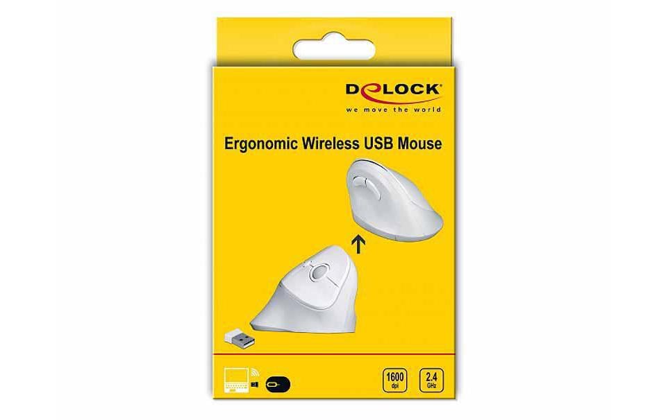 DeLOCK 12596 Ergonomische Maus – kabellos, 2,4 GHz, USB-A, für Rechtshänder, vertikal, Ein-/Ausschalter, weiss