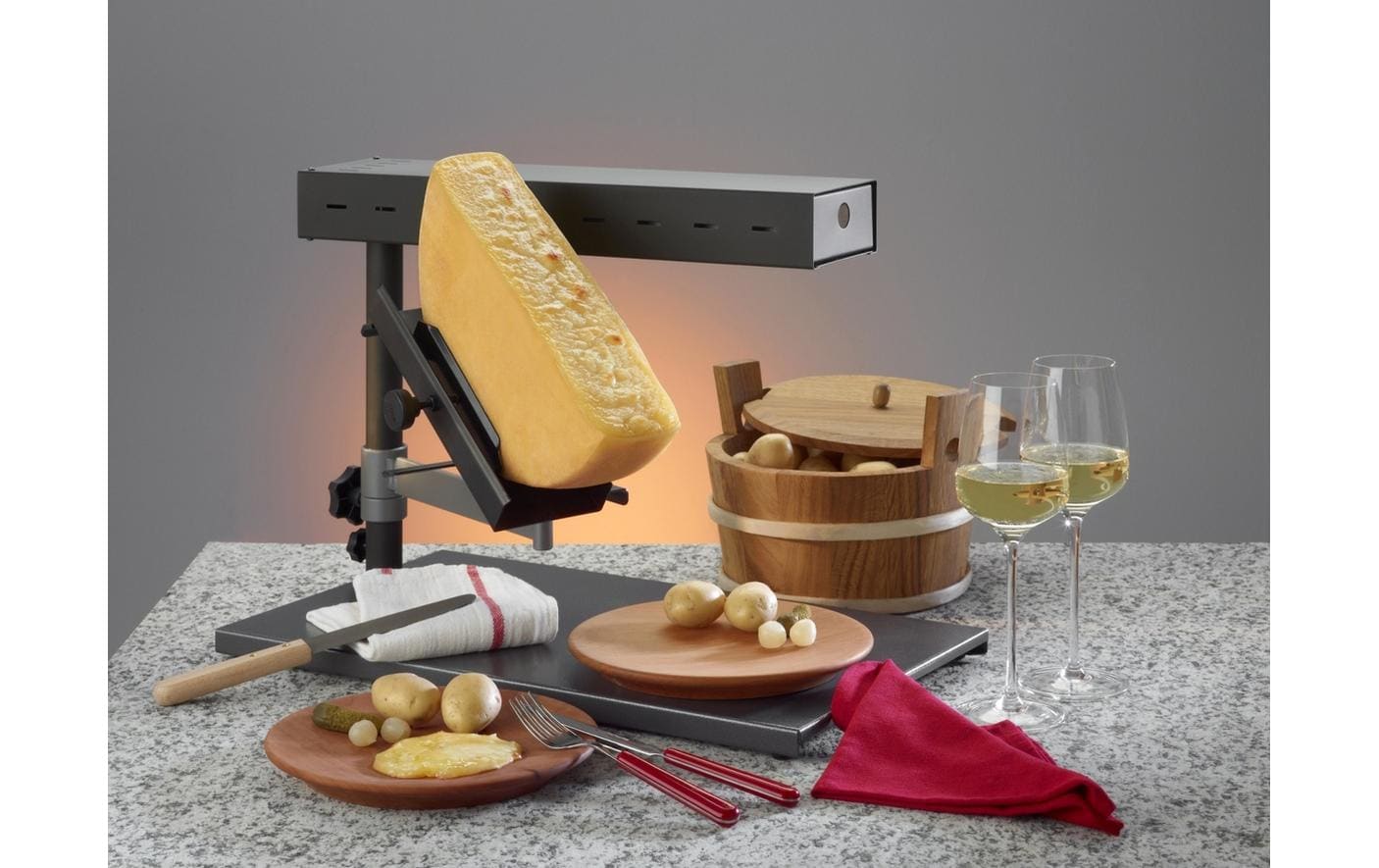 TTM Raclette-Gerät POP – 1 Käsehälfte, kippbar, 1000 W, 55×29 cm – Grau/Edelstahl
