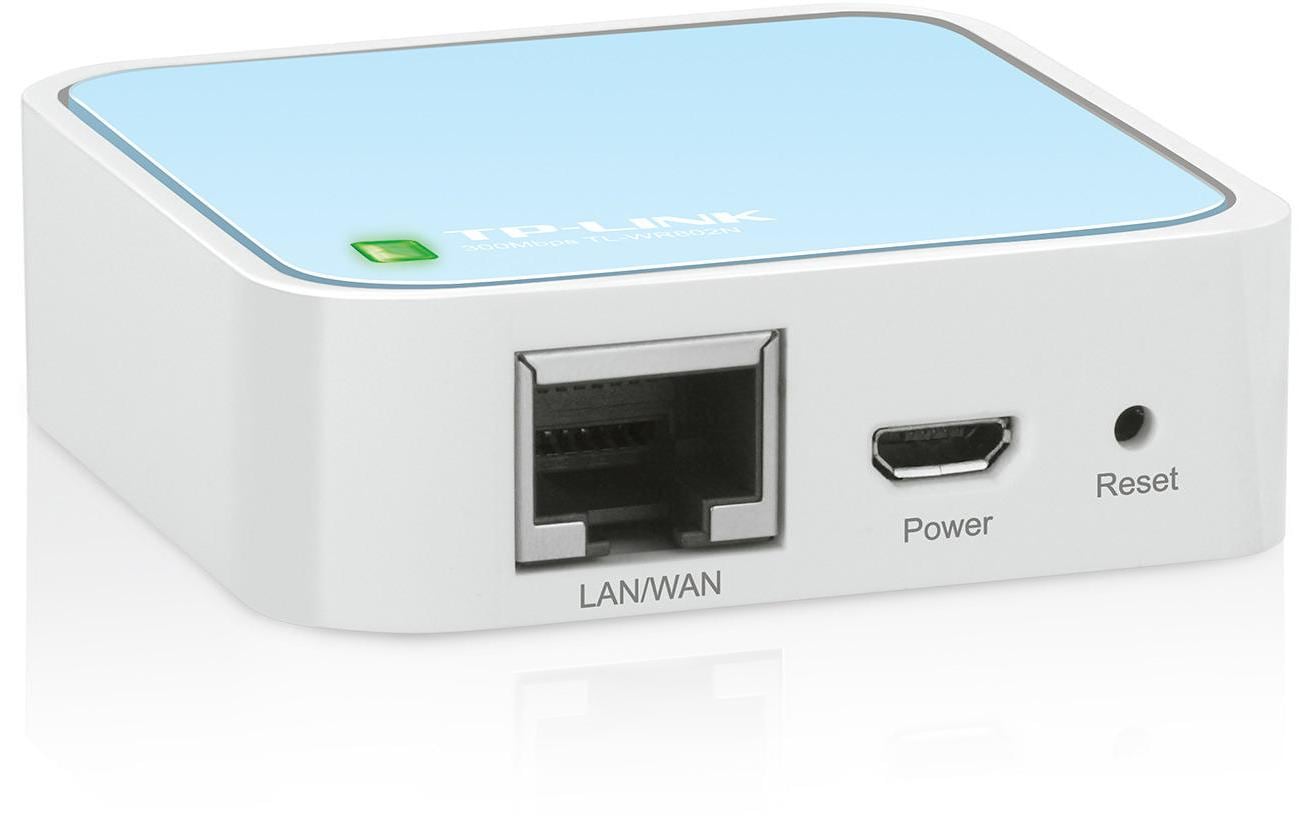 TP-Link TL-WR802N – Mini-WLAN-Router, Wi-Fi 4, 2,4 GHz, 300 Mbit/s, 1× Fast Ethernet, USB, Blau/Weiss