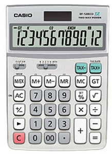 Casio Tischrechner DF-120ECO – 12-stellig, LCD, Steuer/Währung, Solar + Batterie, Grau
