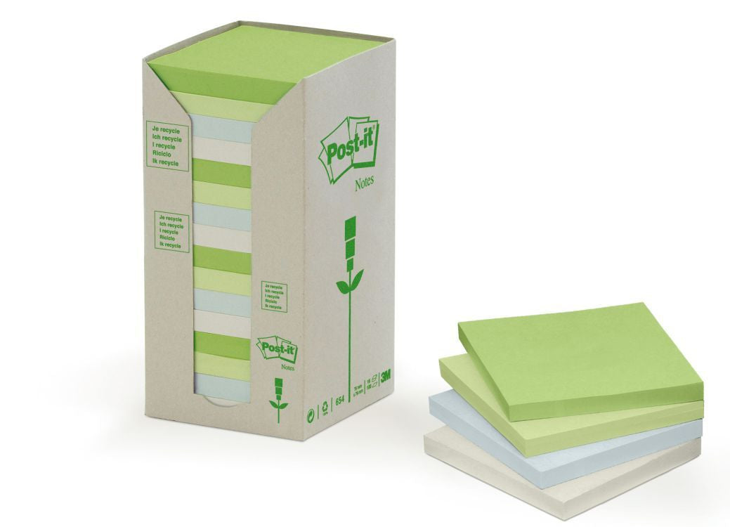 Post-it Haftnotizen Recycling Tower – 76×76 mm – sortiert, 16×100 Blatt, PEFC