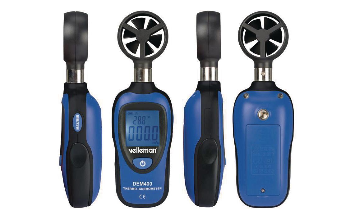 Velleman DEM400 – Windmesser – 0,3–45 m/s, −30–60 °C, LCD, 9 V Batterie, Blau