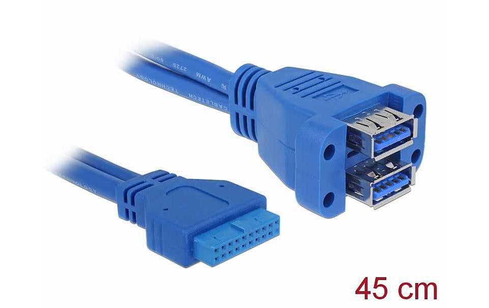 DeLOCK USB-Kabel – USB 3.0 Pinheader auf 2 x USB-A Buchse – USB 3.2 Gen 1 (5 Gbit/s) – 0,45 m – Blau