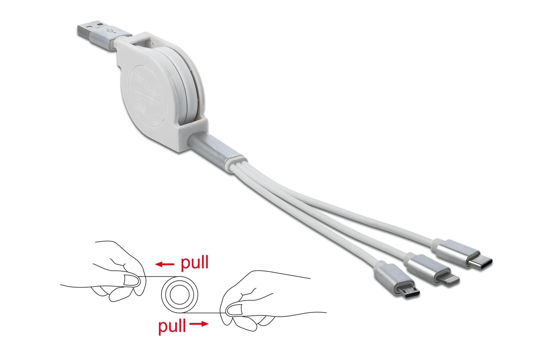 DeLOCK Multi-Kabel – 3-in-1 USB-A auf USB-C/Micro-USB/Lightning 0,98 m, aufrollbar – für iPhone/Android