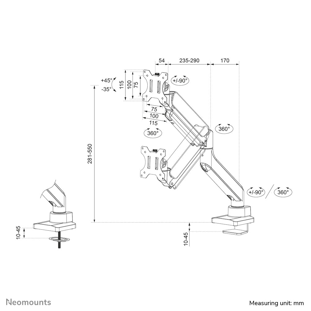 Neomounts DS70 DS70-450BL1 – Monitorarm, 1 Monitor, bis 42", Gasfeder, 180°-Stop, Schwarz