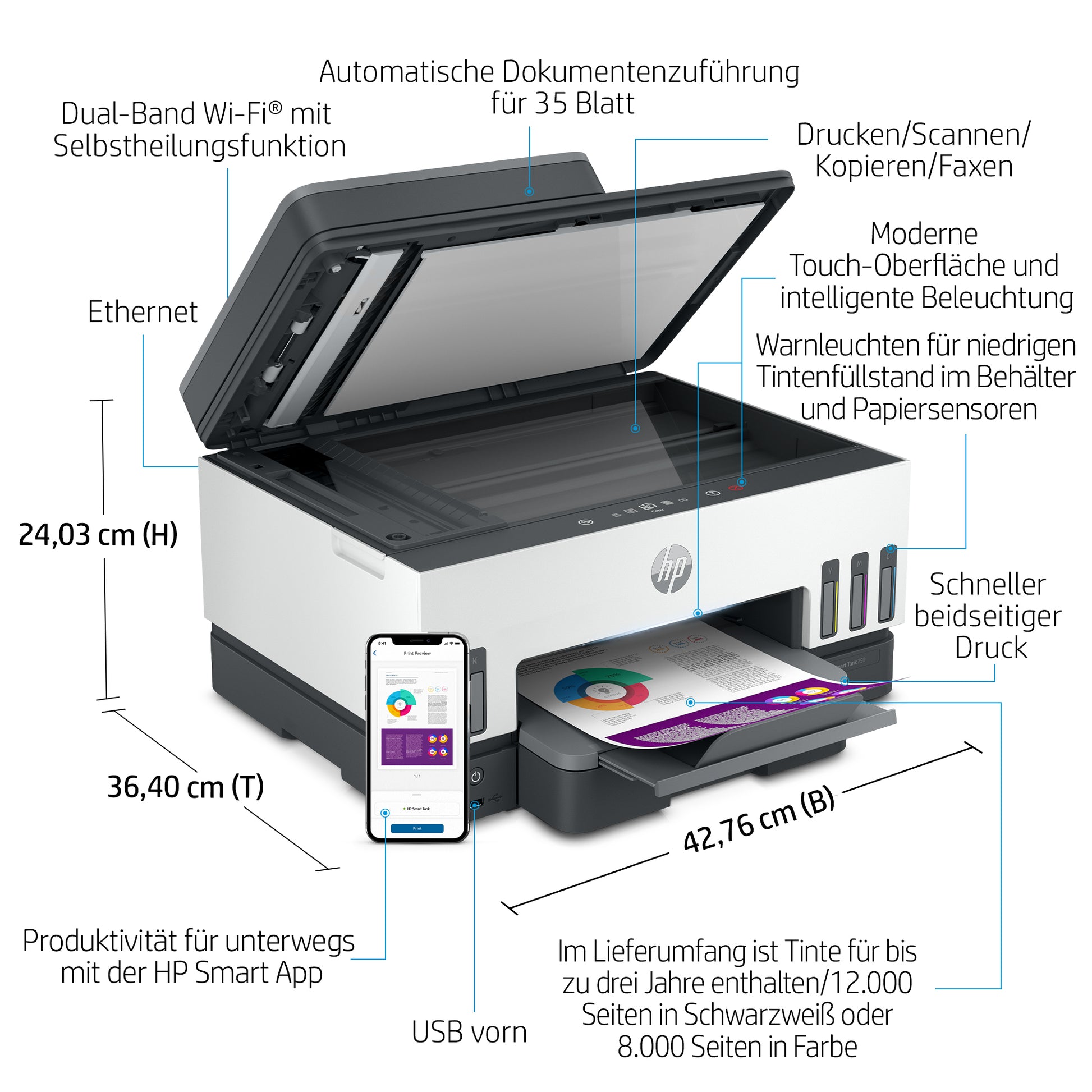 HP SMART TANK 7605 – Farbiger Tintenstrahl-MFP A4, 3-in-1 – 28 S./Min. S/W