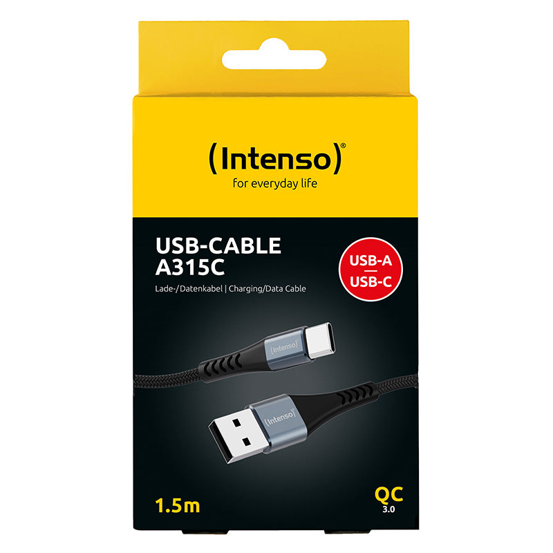 Intenso USB-A auf USB-C Kabel – USB 2.0 (480 Mbit/s) – 1,5 m – PD 60 W – Geflochtenes Nylon – Schwarz