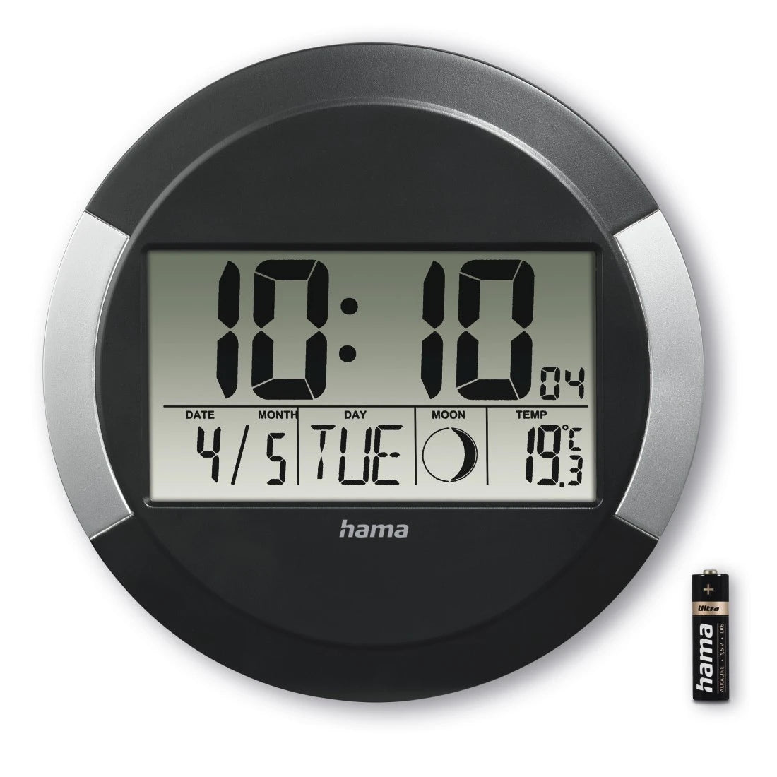 Hama Ischia Wanduhr – Digital, Funk, Thermometer, Ø 24,5 cm, Schwarz, Kunststoff