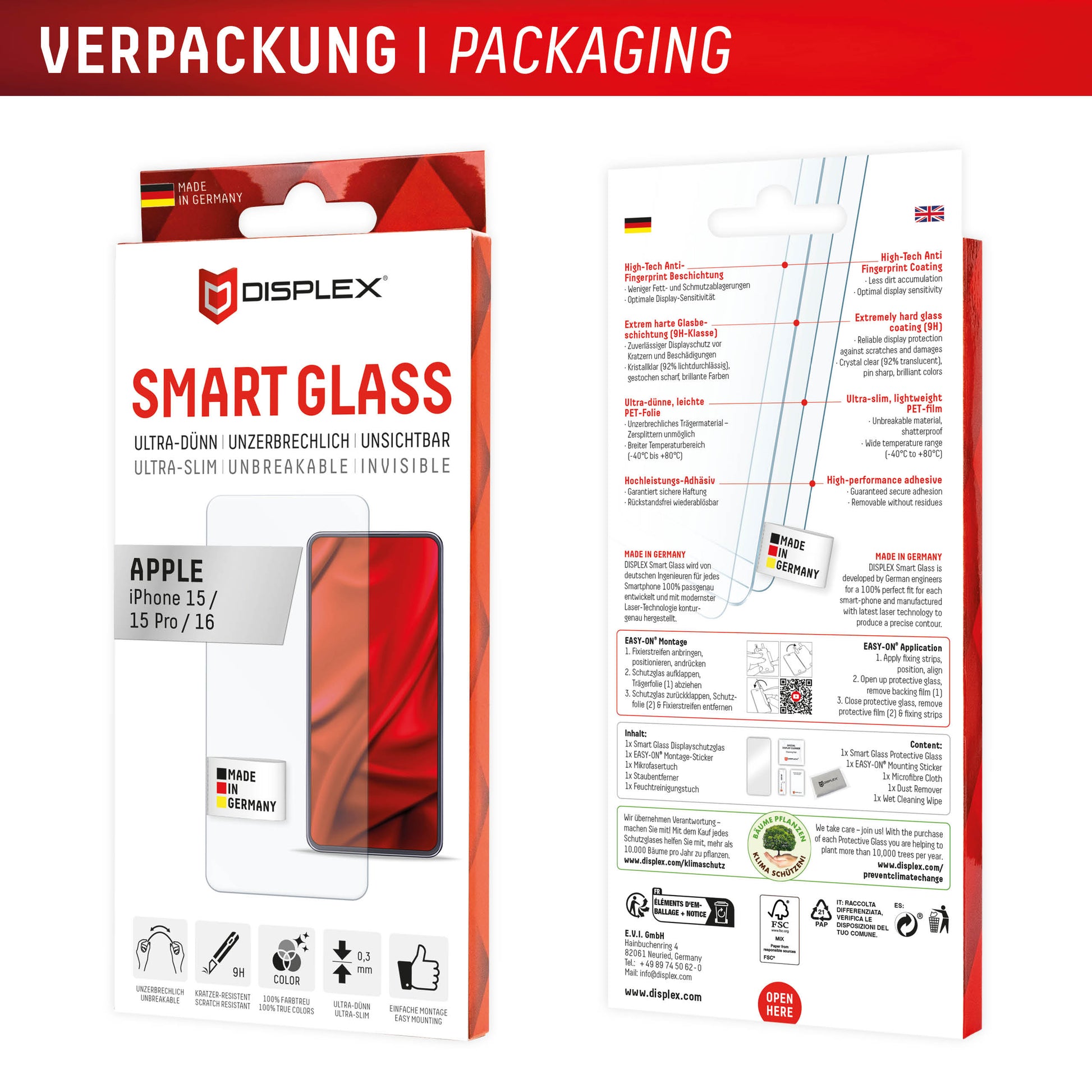 Displex Displayschutz (Panzerglas), 9H – für iPhone 15/15 Pro/16