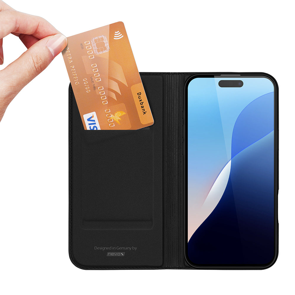 nevox Vario Series Wallethülle – für Apple iPhone 16 Pro, mit Ständer, 1 Kartenfach, PU+TPU, Schwarz