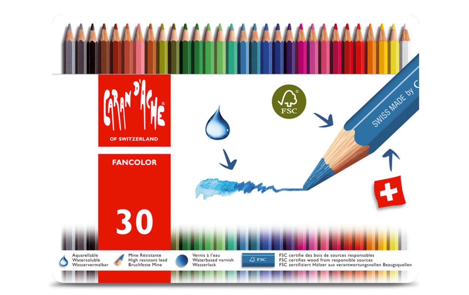 Caran d-Ache Caran d'Ache Aquarellfarbstifte – 30 Farben, im Metalletui, Ø 2,8 mm, FSC