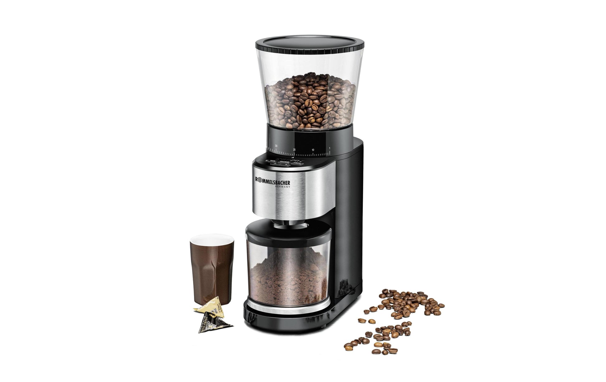Rommelsbacher Kaffeemühle EMK500 – Kegelmahlwerk, 400 g, LED-Display, Schwarz