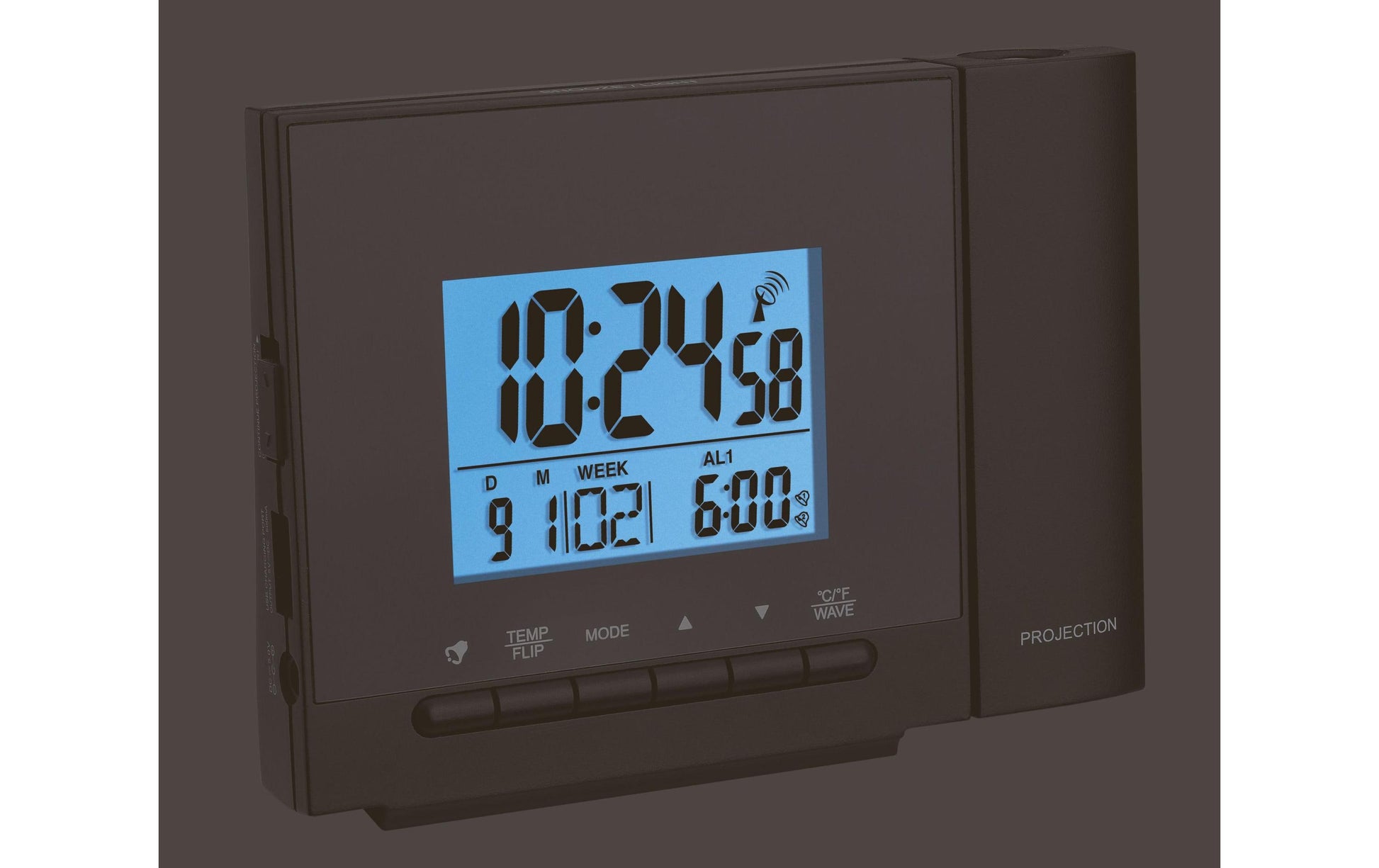 TFA-Dostmann TFA Dostmann Projektionswecker – Funk, Thermometer, USB, 12,6 × 9,3 × 5,3 cm, Schwarz, Kunststoff