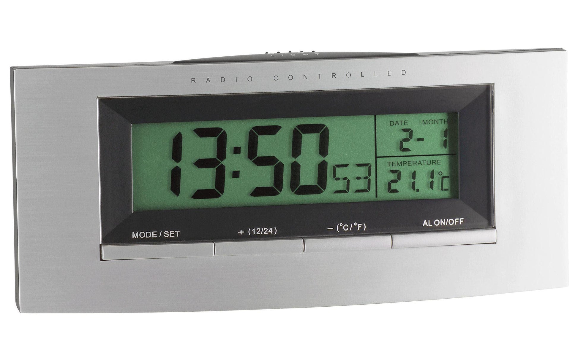 TFA-Dostmann TFA Dostmann Digitalwecker – Funk, Schlummerfunktion, Thermometer, 14 × 6,3 × 3,8 cm, Silber