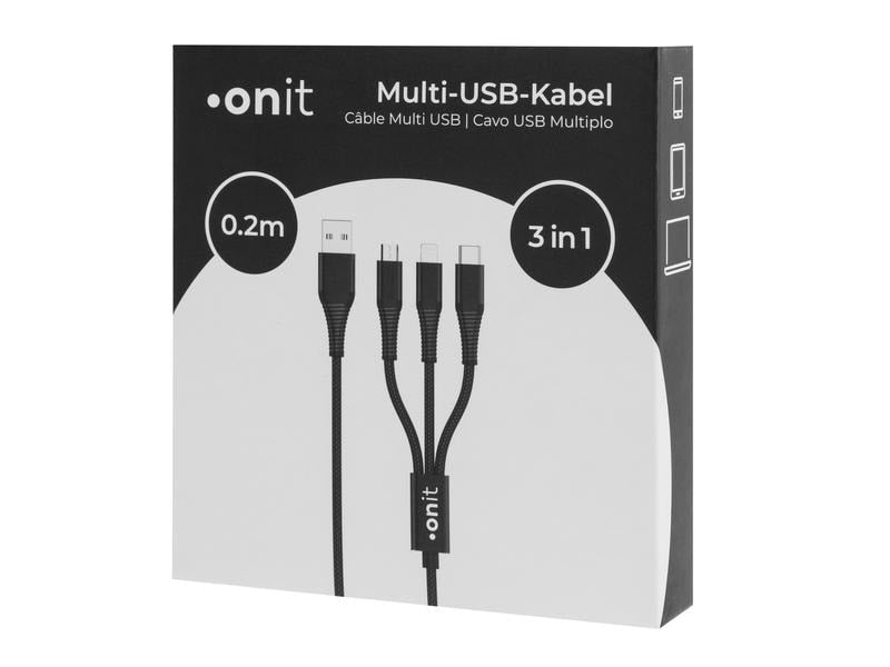 ONIT Multi-Kabel – 3-in-1 USB-A auf USB-C/Micro-USB/Lightning 0,2 m, PD 12 W, geflochten – für iPhone/Android