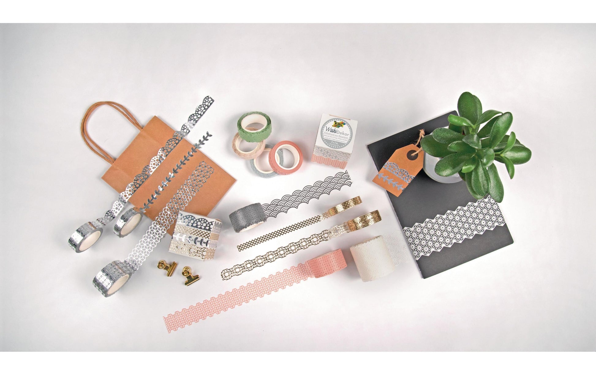 Folia Washi Tape Spitzenbordüre – wiederablösbar, 2×10 mm × 5 m + 2×15 mm × 5 m, Pastell, 4 Rollen