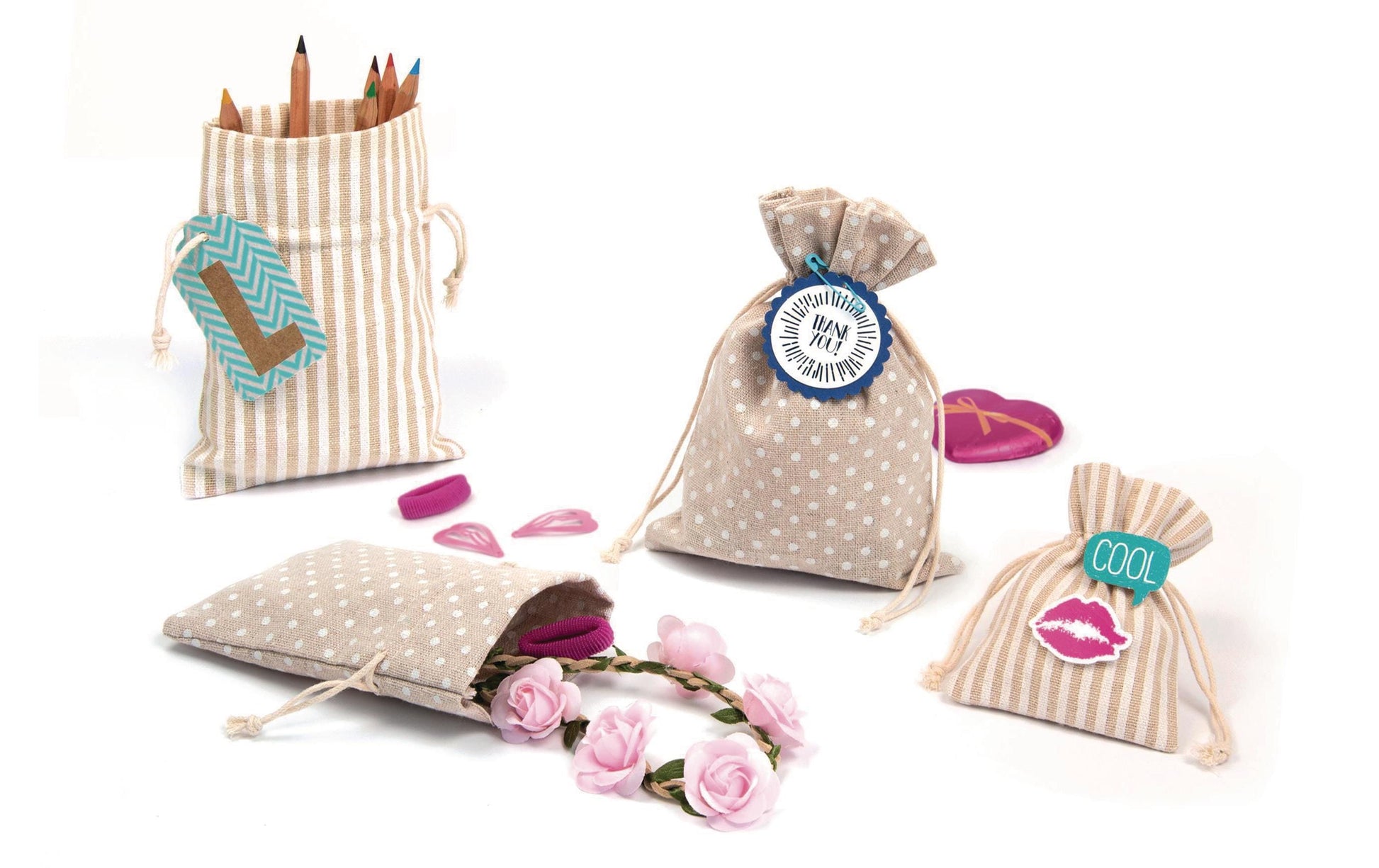 Folia Geschenkbeutel – Punkte und Streifen, Beige – Baumwolle – 6 Stk.