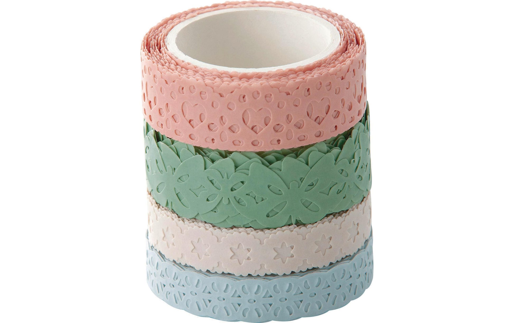 Folia Washi Tape Spitzenbordüre – wiederablösbar, 2×10 mm × 5 m + 2×15 mm × 5 m, Pastell, 4 Rollen