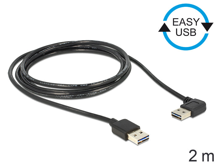 DeLOCK USB-A auf USB-A Kabel – USB 2.0 (480 Mbit/s) – 2 m – Abgewinkelt, Goldstecker – Schwarz