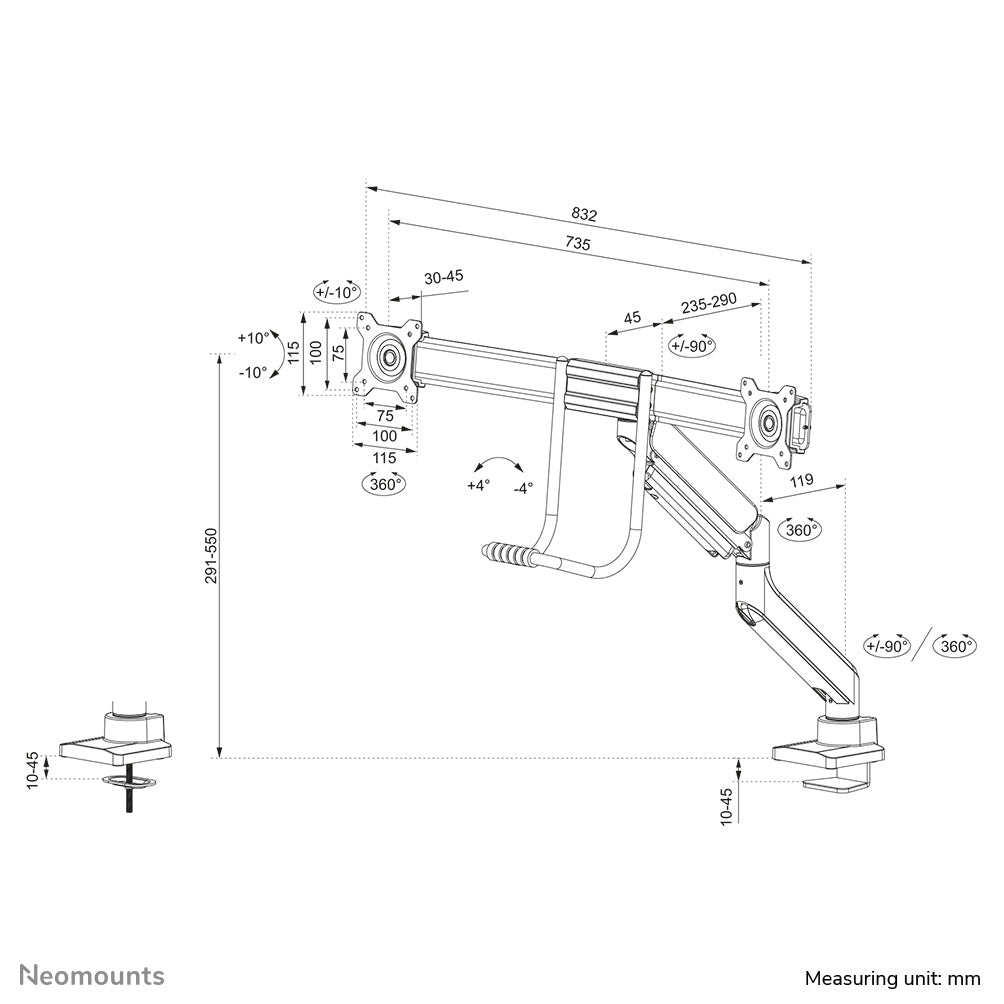 Neomounts DS75-450WH2 – Monitorarm, Dual, Tischklemme, bis 32", VESA 75 × 75/100 × 100 mm, 8 kg, weiss