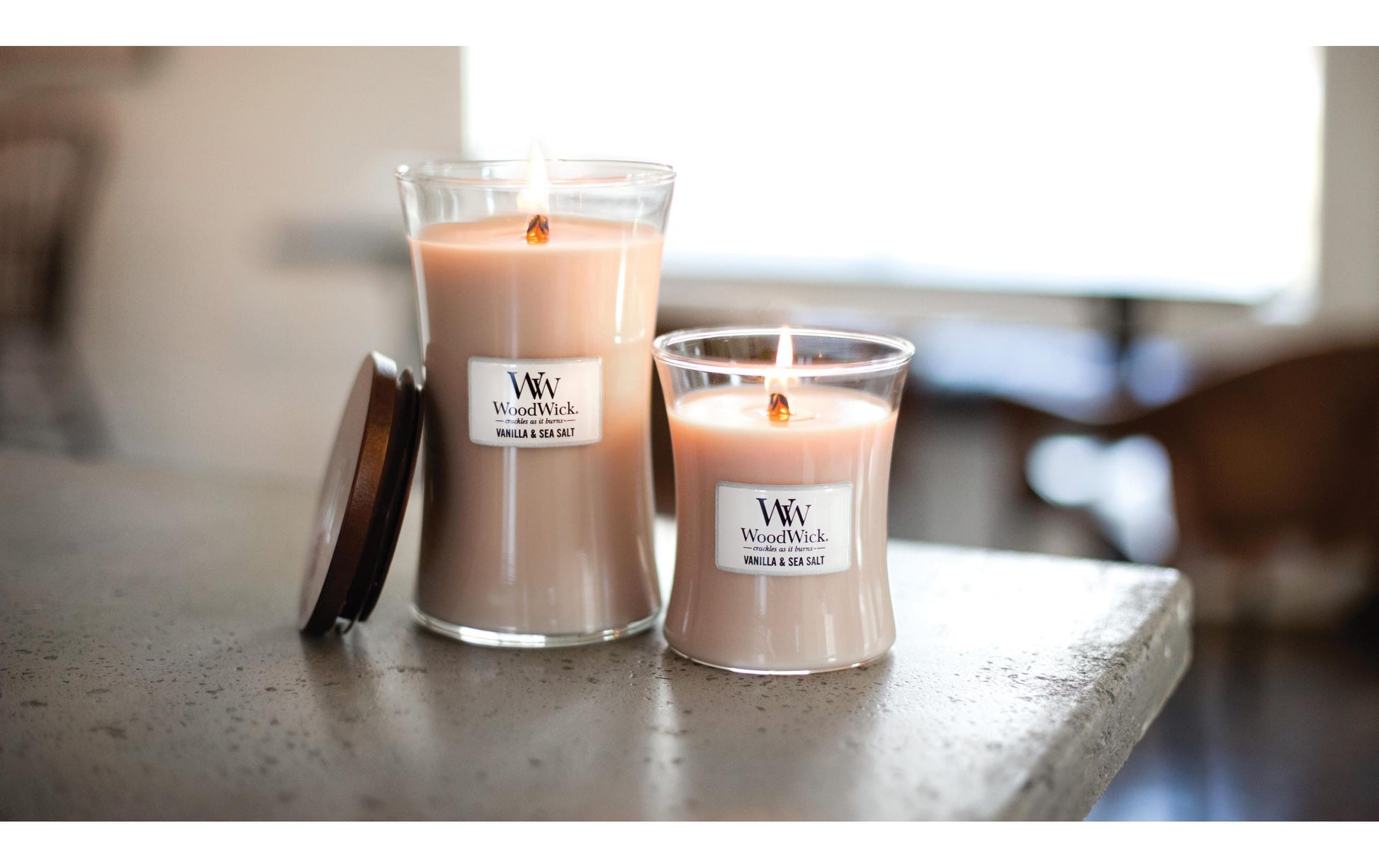 WoodWick Duftkerze Vanille & Meersalz, beige, Ø 9,9 cm, 11,4 cm, Glas, 1 Stück