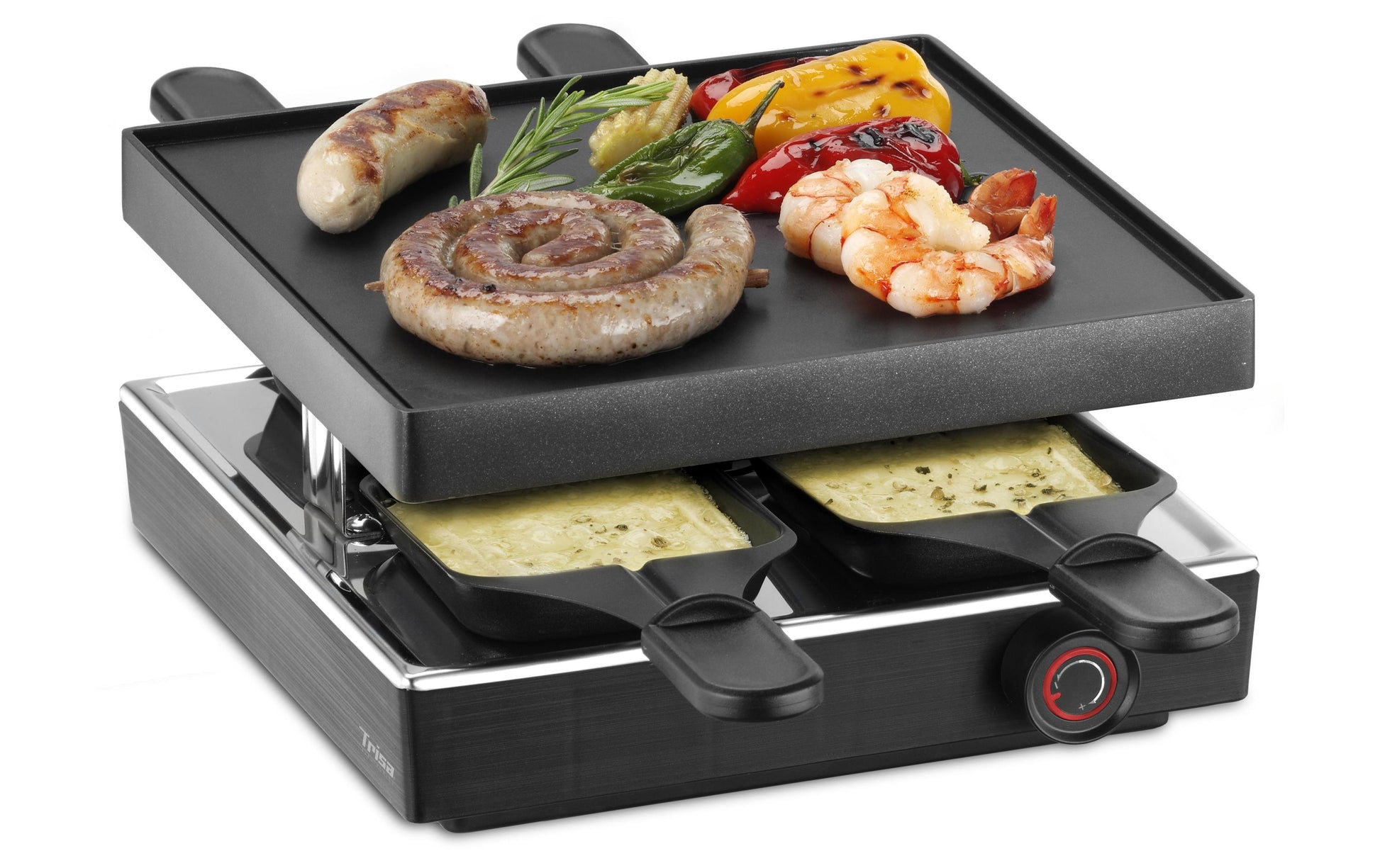 Trisa Raclette-Grill – 4 Personen, 750 W, Aluminiumplatte 21×21 cm, 4 Pfännchen – schwarz/edelstahl