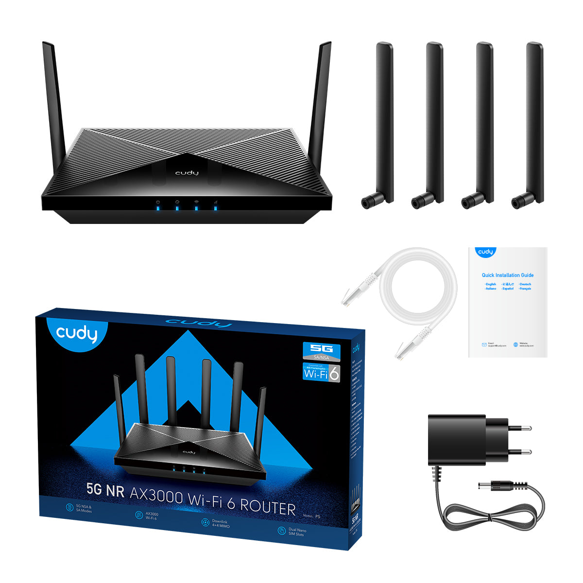 Cudy P5_EU WLAN-Router – Wi-Fi 6 (AX3000), Dual-Band (2,4/5 GHz), 4× 1G, 5G (Sub6 SA/NSA)