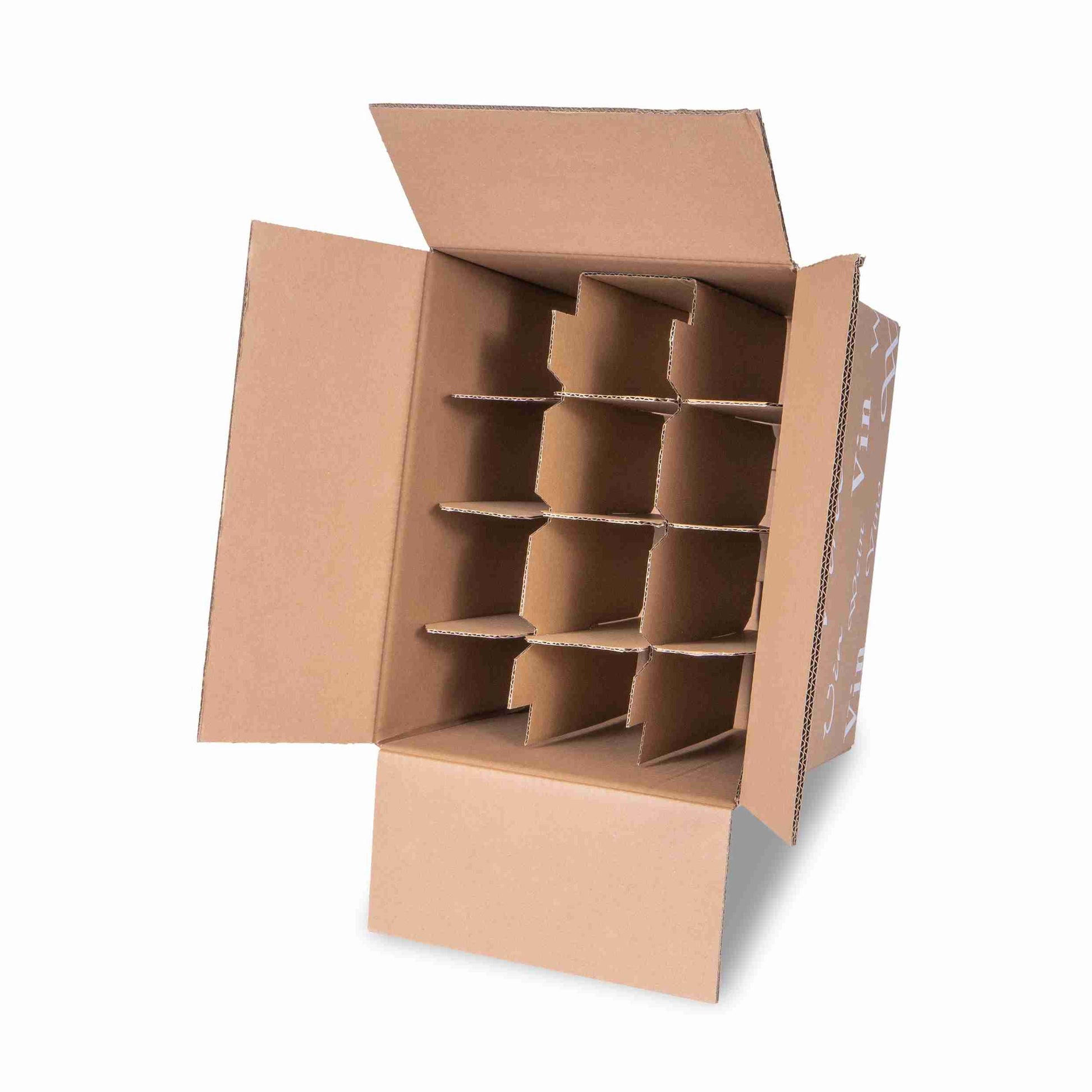 Model Weinversandkarton – für 12 × 0,75 l, max. 327 mm & Ø83 mm – 338 × 252 × 327 mm, braun, mit Gefache – 1 Stk., ab 20 Stk.