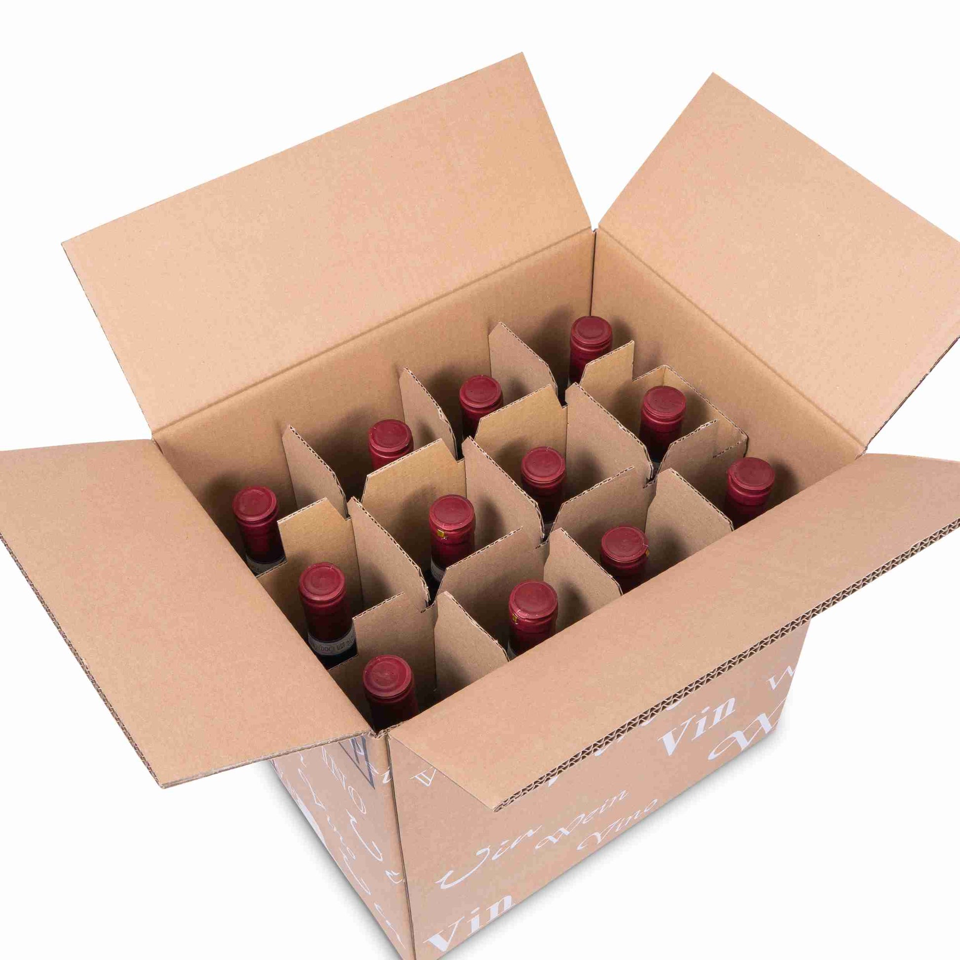 Model Weinversandkarton – für 12 × 0,75 l, max. 327 mm & Ø83 mm – 338 × 252 × 327 mm, braun, mit Gefache – 1 Stk., ab 20 Stk.