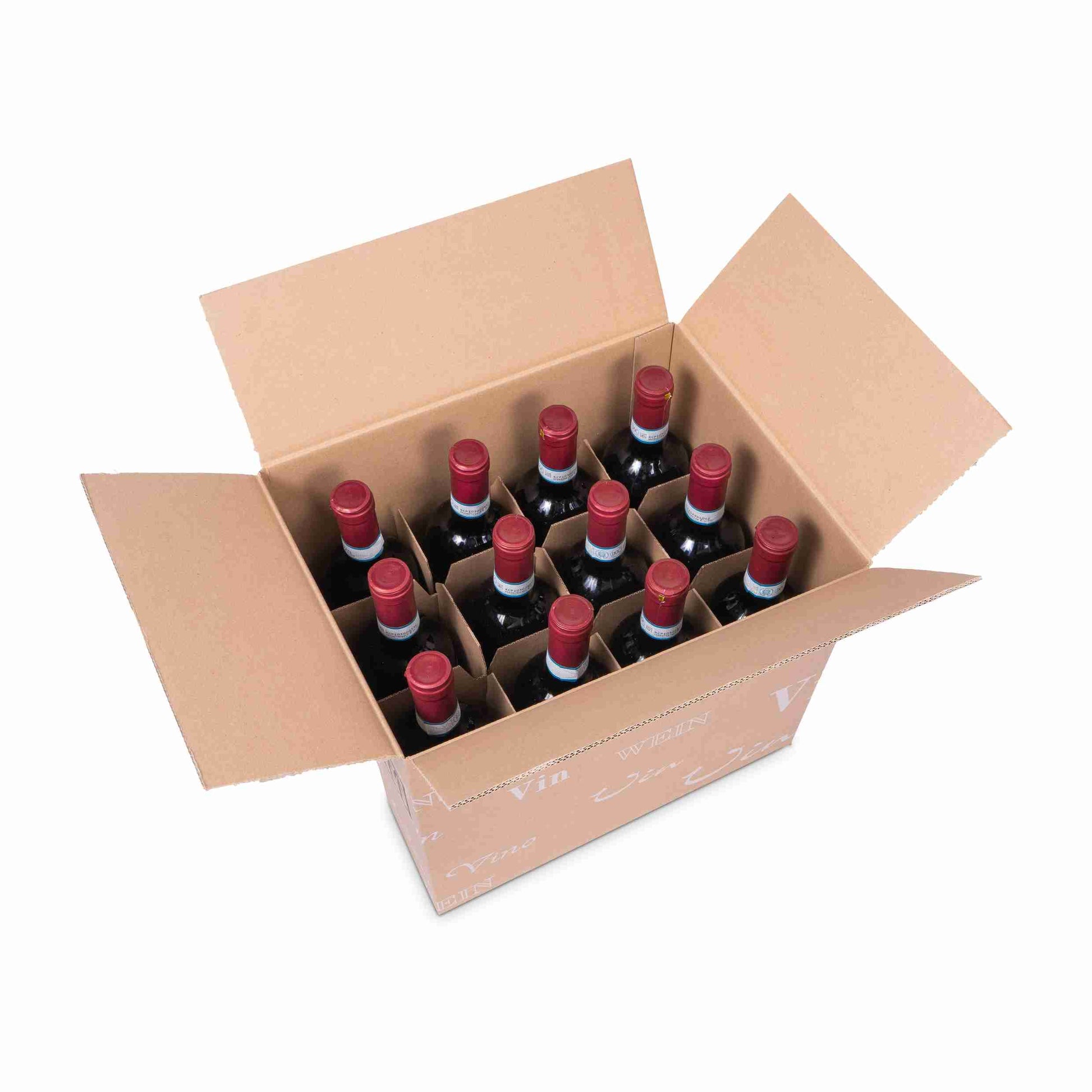 Model Weinversandkarton – für 12 × 0,75 l, max. 292 mm & Ø85 mm – 332 × 248 × 292 mm, braun, mit Gefache – 1 Stk., ab 100 Stk.