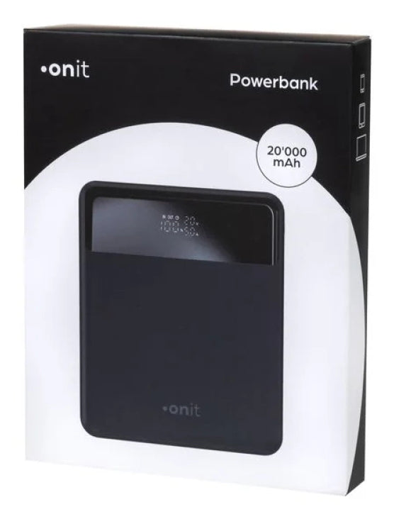 ONIT Powerbank 20000 mAh, PD 100 W, 2× USB-C, Durchgangsladung, Schwarz