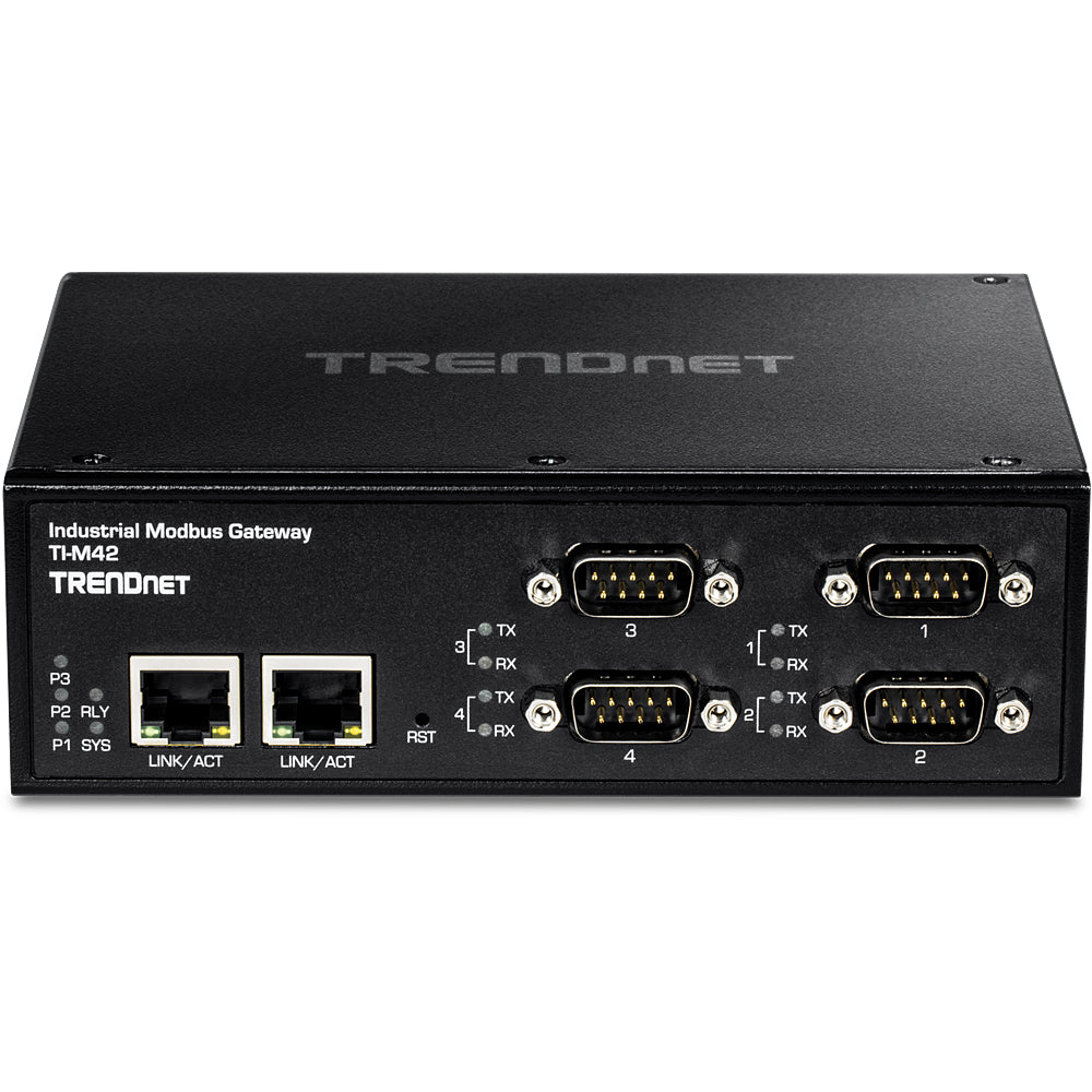 TRENDnet TI-M42 Modbus-Gateway RS-232/422/485 zu Ethernet – 4× DB-9, 2× RJ-45 10/100 Mbit/s, 50–921,6 kbit/s