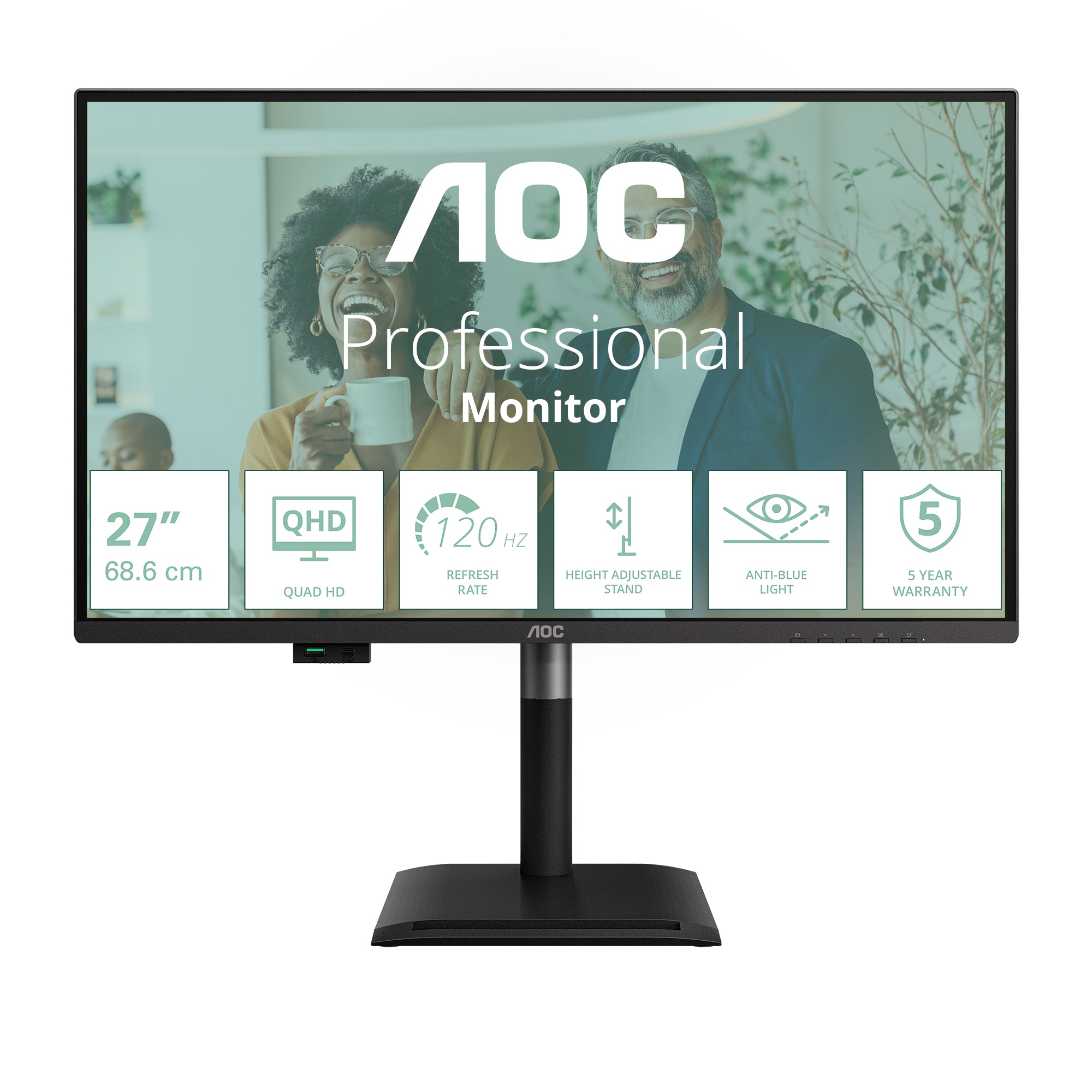 AOC Q27P4CV – Monitor, 27", 2560 × 1440 (WQHD), IPS, 120 Hz, USB-C, KVM, Lautsprecher, VESA 100 × 100, Schwarz