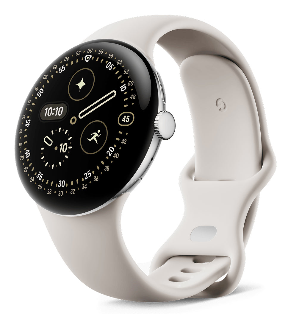 Google Pixel Watch 4 45 mm GPS + Cellular – Aluminium Silber, Sportband, Beige, S/L, 50 m, für Android