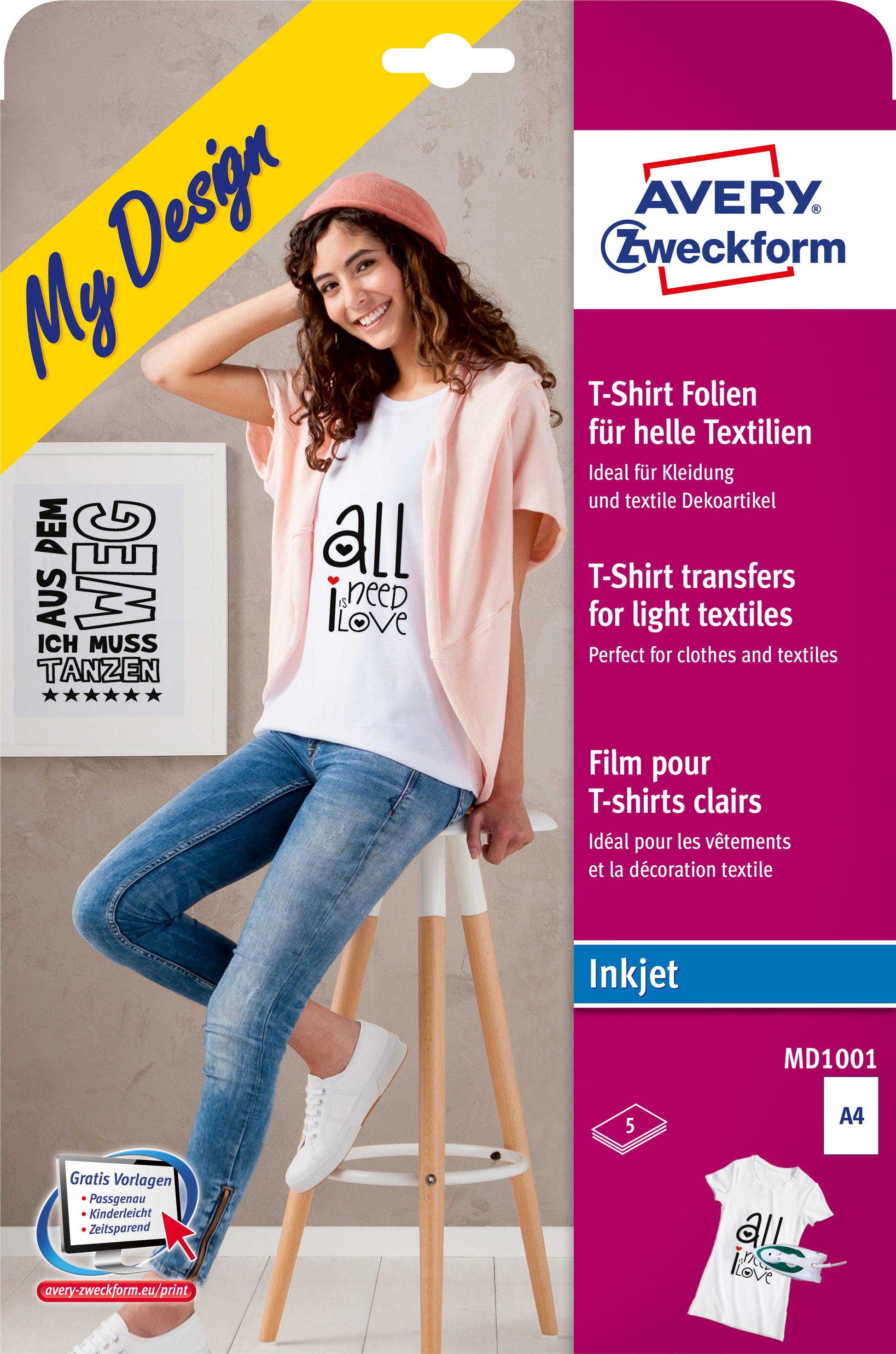Avery Zweckform Bügelfolie – für Inkjetdrucker, für helle Textilien, A4, waschbar bis 30 °C, 5 Blatt