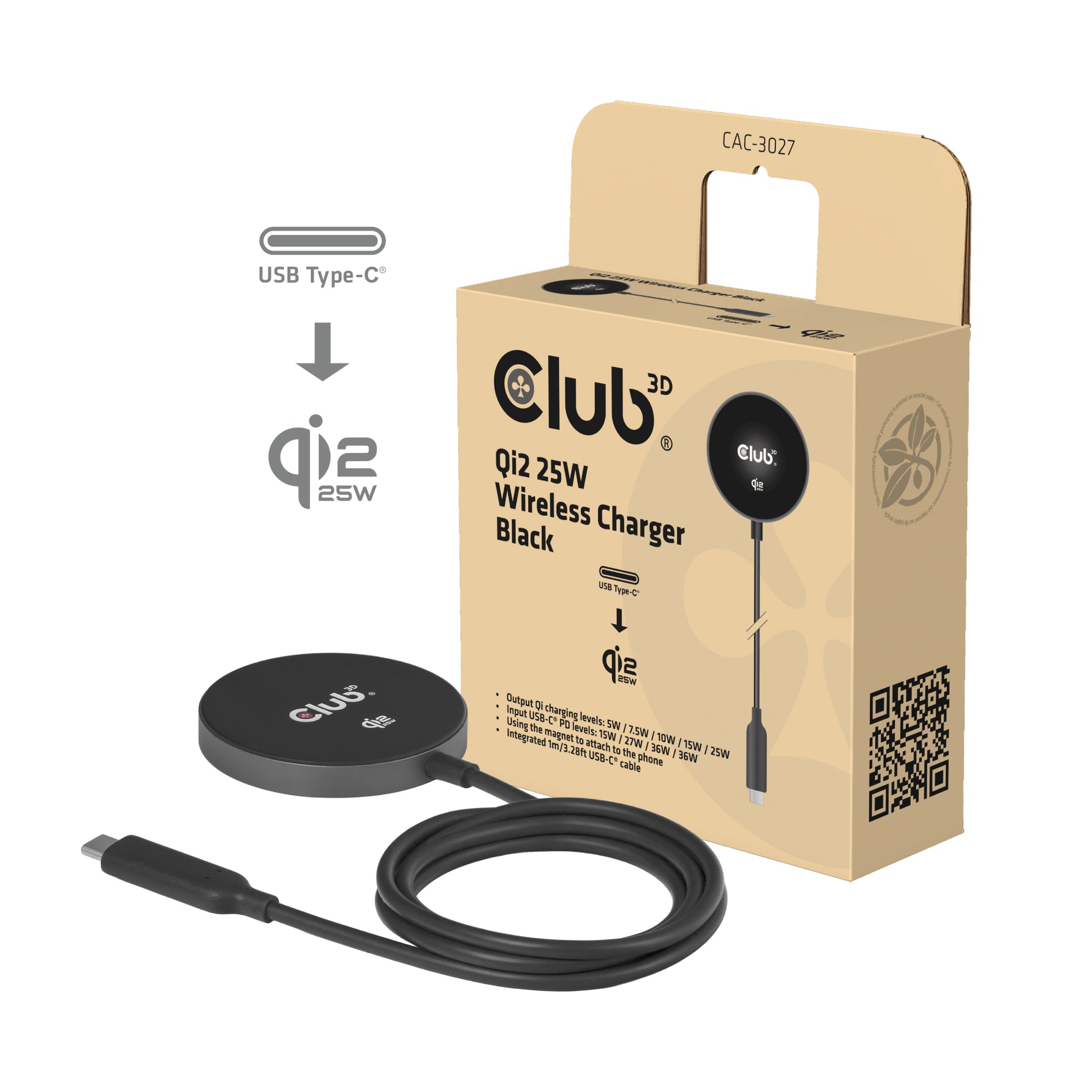 CLUB3D CAC-3027 Kabelloses Ladegerät 25 W – Qi2, MagSafe-kompatibel – für Smartphones, Smartwatches u. a.