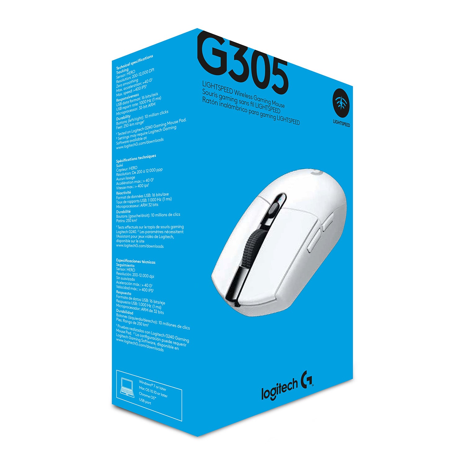 Logitech G G305 – Gaming-Maus – Kabellos (Bluetooth/2,4 GHz), 12000 DPI, RGB-Beleuchtung, rechts, Weiss
