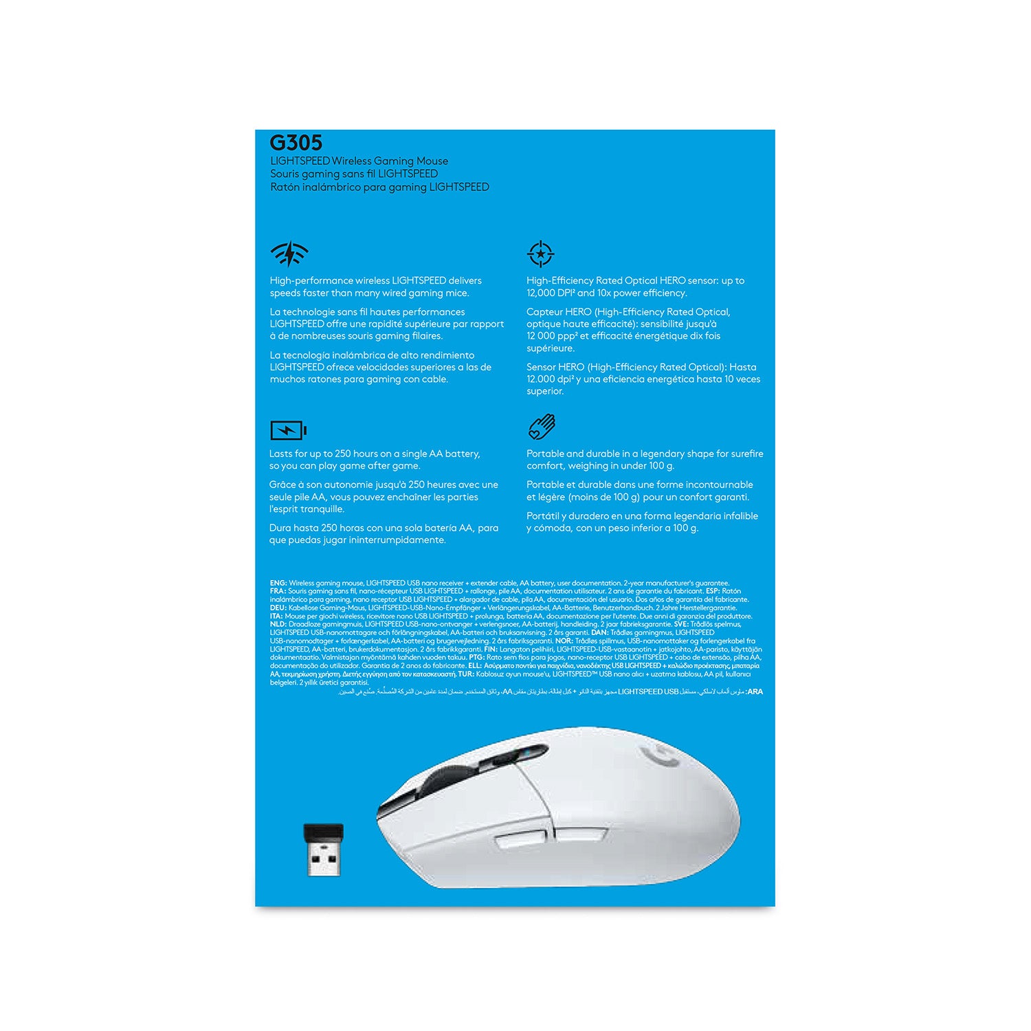 Logitech G G305 – Gaming-Maus – Kabellos (Bluetooth/2,4 GHz), 12000 DPI, RGB-Beleuchtung, rechts, Weiss