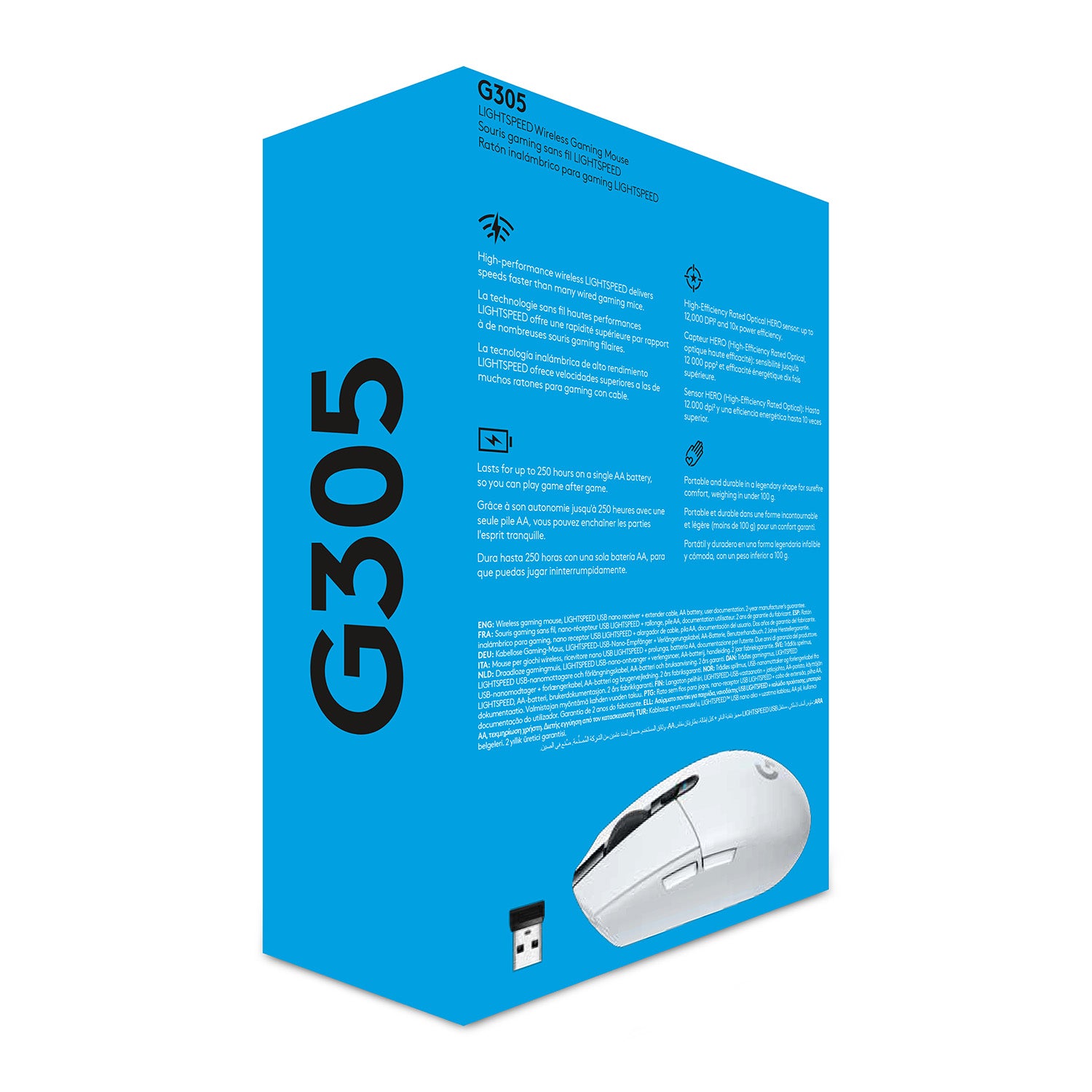 Logitech G G305 – Gaming-Maus – Kabellos (Bluetooth/2,4 GHz), 12000 DPI, RGB-Beleuchtung, rechts, Weiss
