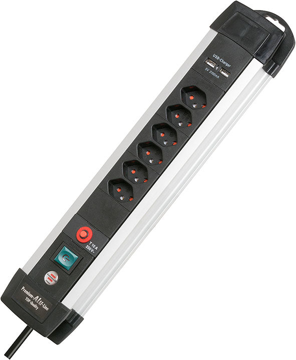 Brennenstuhl Premium-Alu-Line Steckdosenleiste, 6×T13, 2×USB, mit Schalter, 3 m – Schwarz