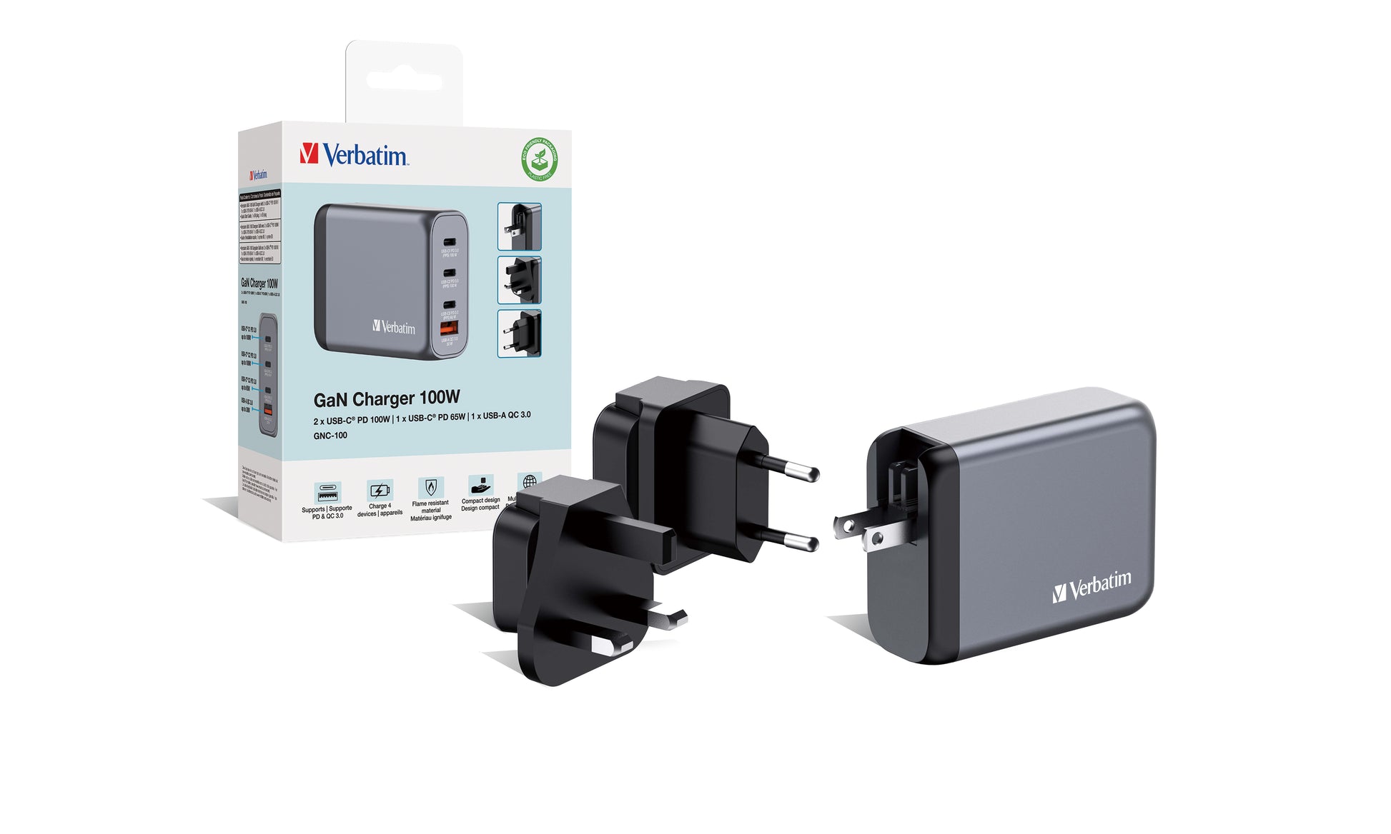 Verbatim Ladegerät (EU/UK/US) – 100 W, 3× USB-C + 1× USB-A, PD, PPS, QC, GaN