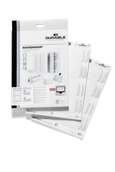 Durable Einsteck-Namensschilder – 150 × 61 mm – Papier, weiss, mikroperforiert – A4 – 150 g/m² – 40 Schilder