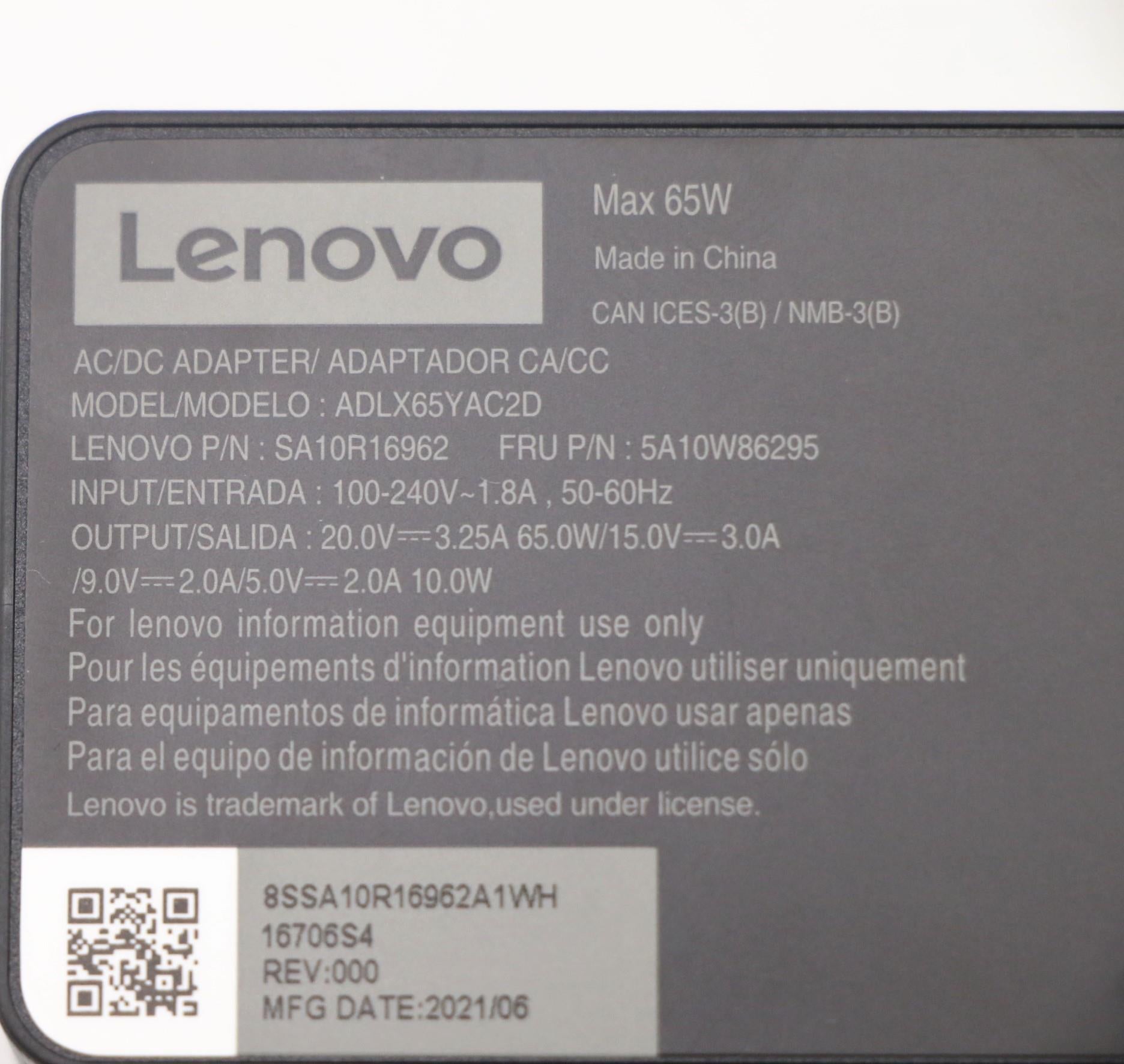 Lenovo 5A10W86295 Netzteil 65 W – 2 Ports – für Lenovo-Laptops – Schwarz