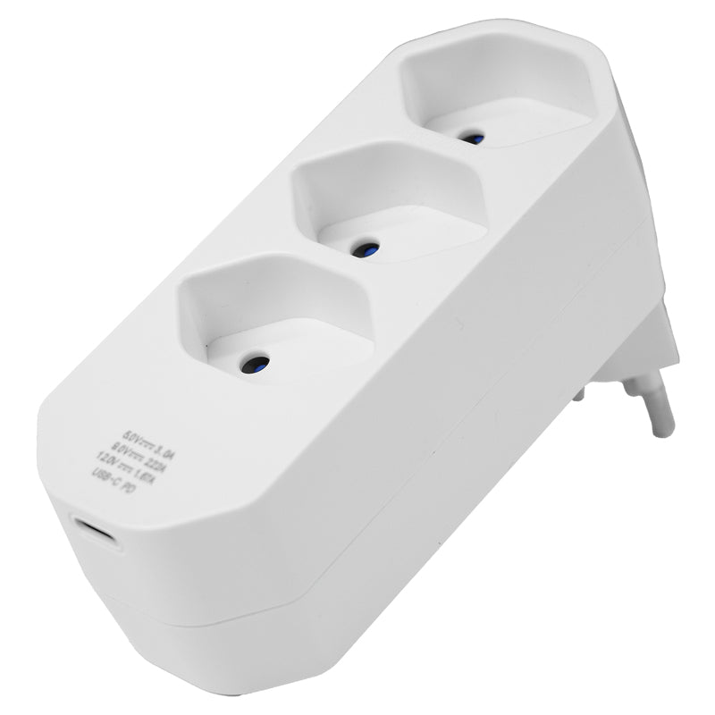 Steffen Steckdosenleiste, 4×T13, 1×USB-C, Stecker T12 (abgewinkelt), 320° drehbar – weiss