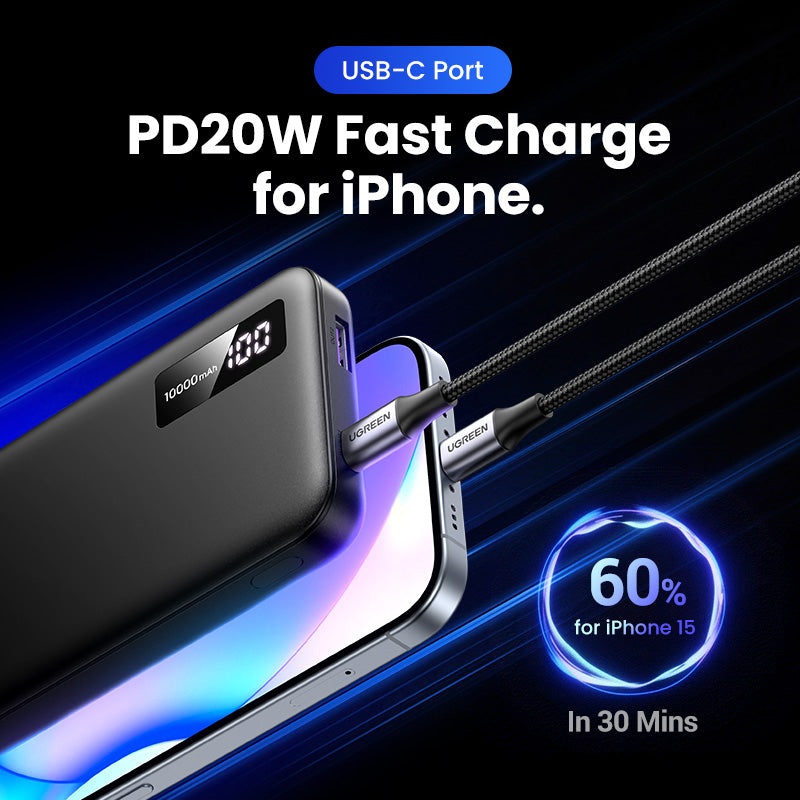 Ugreen 25742 Powerbank 10'000 mAh – 20 W PD, 1× USB-C, 1× USB-A, schwarz