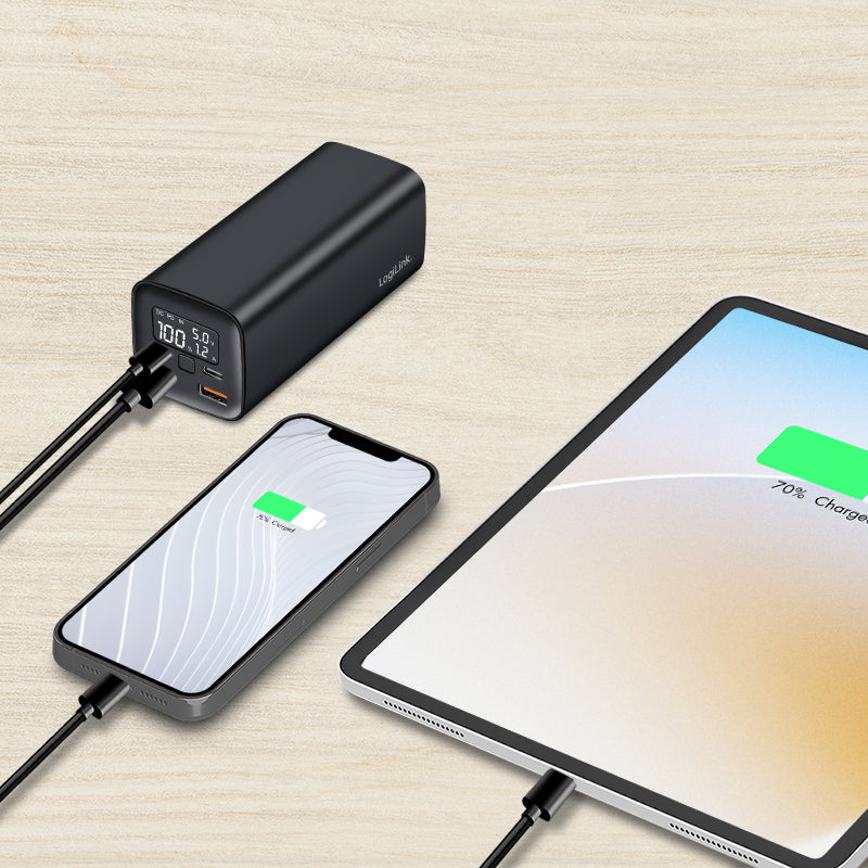 LogiLink Powerbank 20'000 mAh – 65 W PD, 2× USB-C, 2× USB-A, schwarz