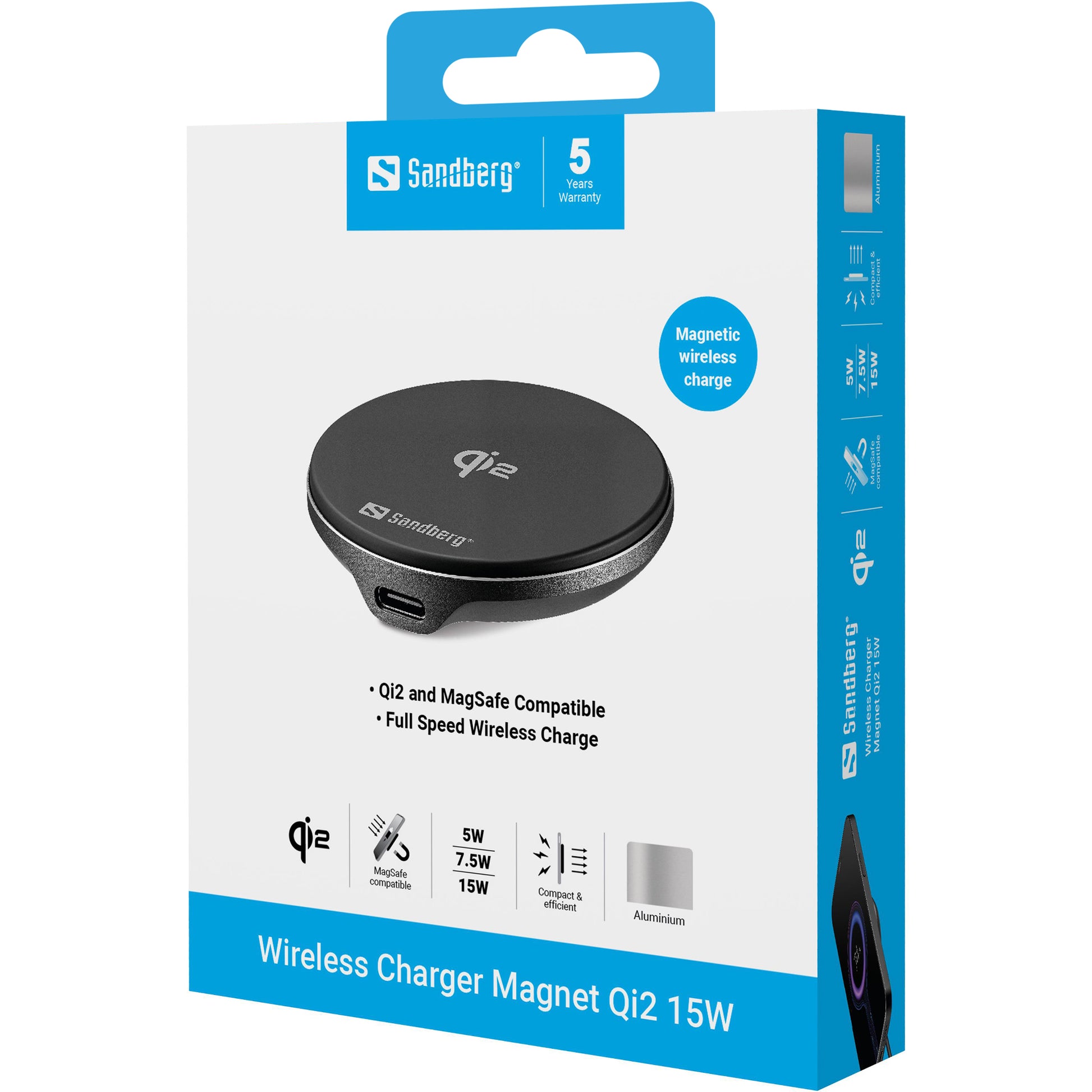 Sandberg Wireless Charger Magnet Qi2 Kabelloses Ladegerät 15 W – Qi2, MagSafe-kompatibel – für MagSafe-Geräte