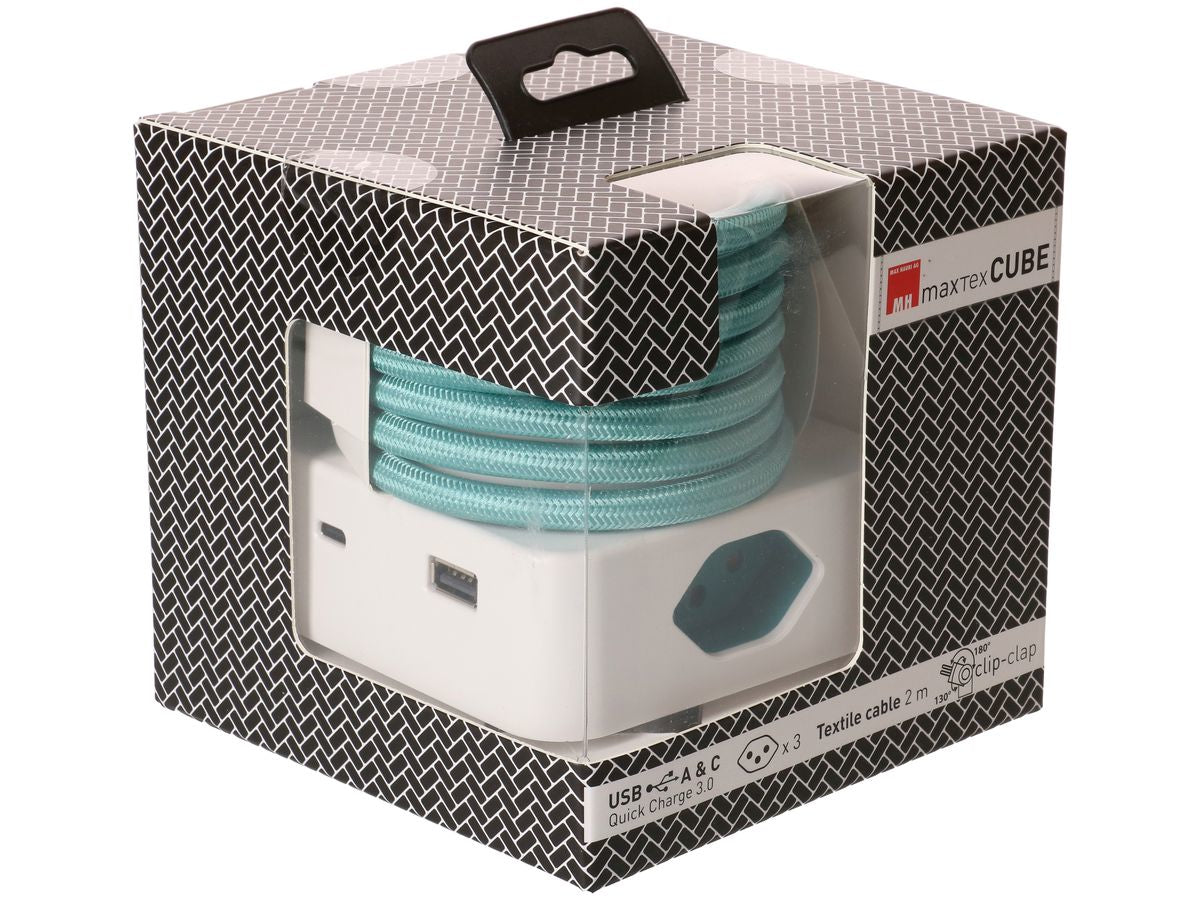 maxTEX Cube Steckdosenleiste – 3× T13, USB‑A/C, 2 m, ohne Schalter, weiss/türkis