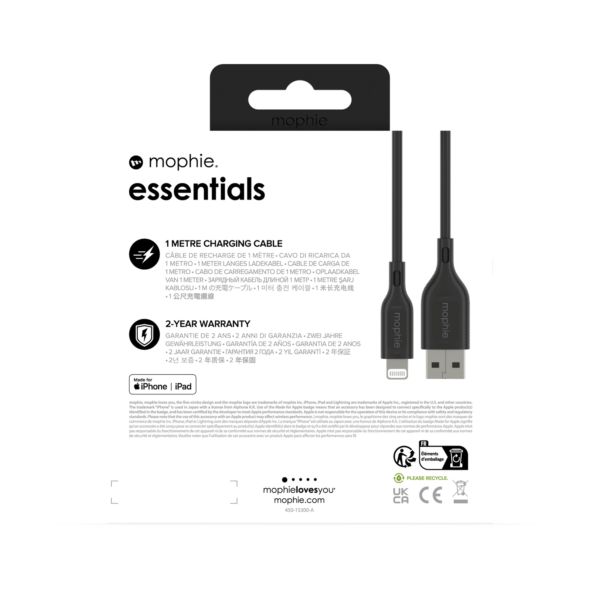 Mophie Ladekabel – Lightning auf USB-A 1 m, 12 W, Schwarz – für iPhone/iPad