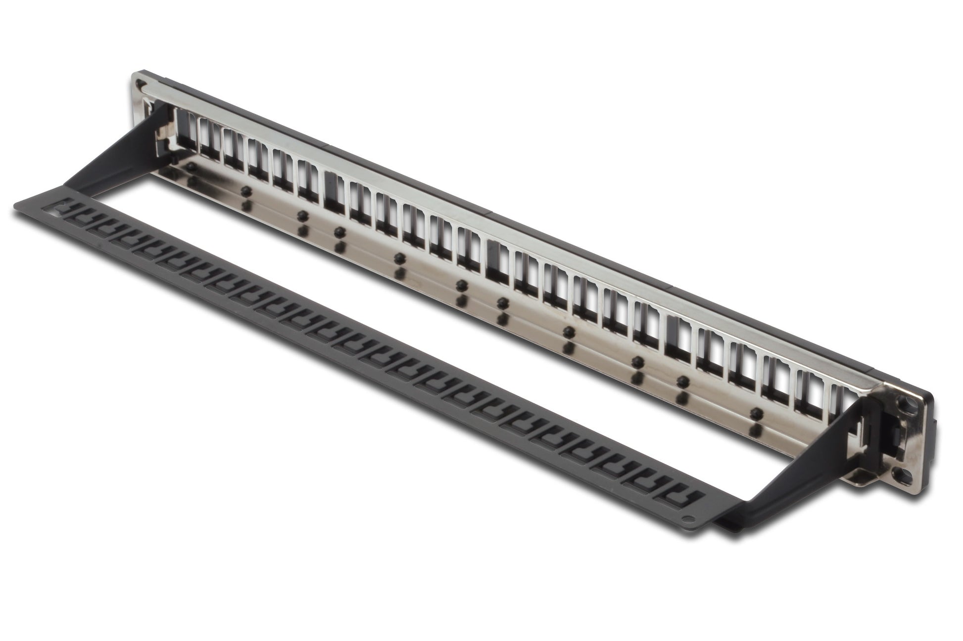 Digitus Patchpanel – 24-Port, unbestückt, 1U, schwarz, für Cat5e, Cat6, Cat6a